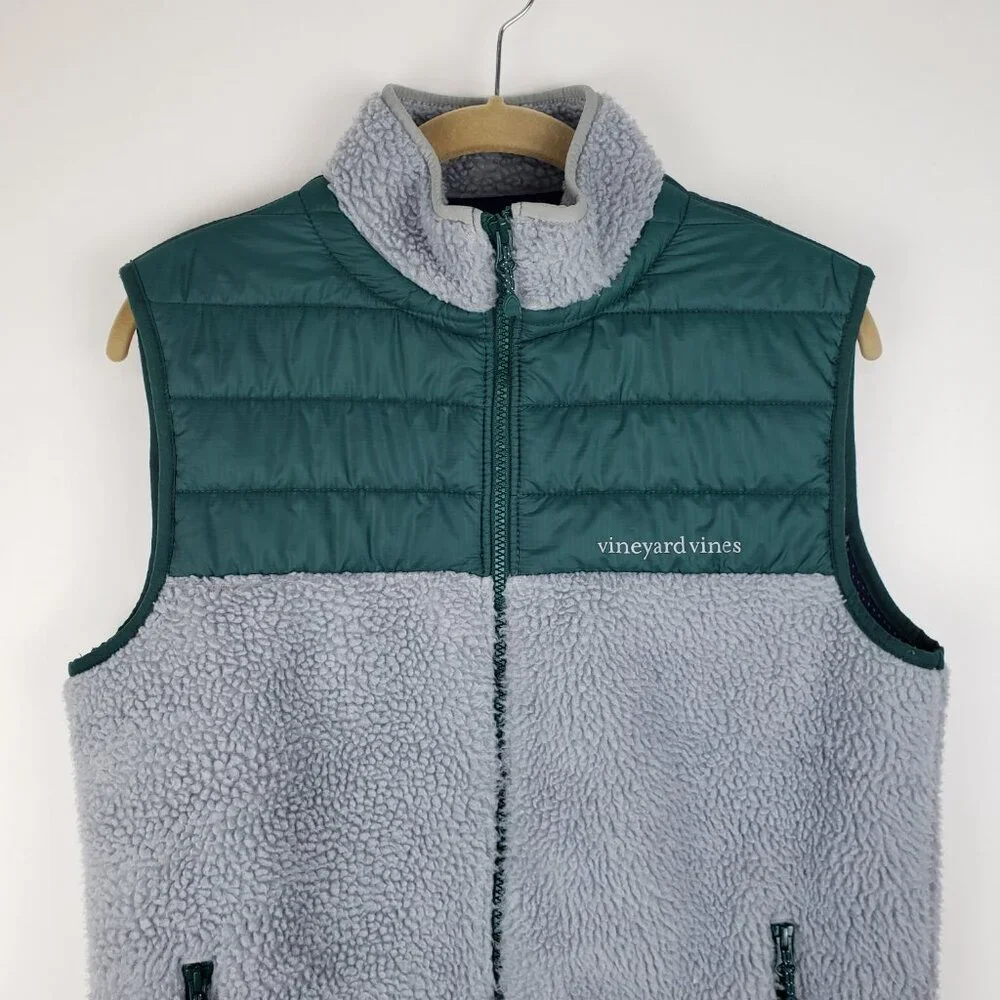 Vineyard Vines Sherpa Vest Full Zip Green Gray Deep Pile Fleece Mens Small